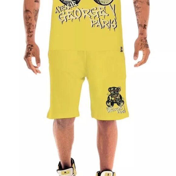 Avenue George V Paris Short Set Men's Yellow 2 piece set Teddy Bear Rhinestone - Picture 3 of 7